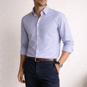 Nordstrom Traditional Fit Stripe Button Down 16.5 34 Blue White Wrinkle Free